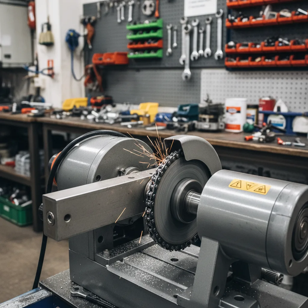 Chainsaw chain being sharpened on a professional grinding machine