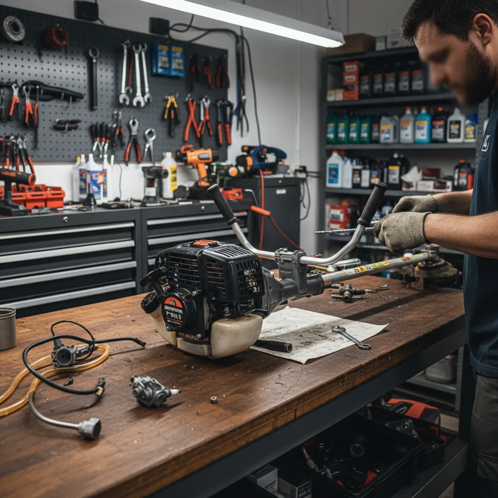 Gas brush cutter being repaired in an outdoor power equipment workshop