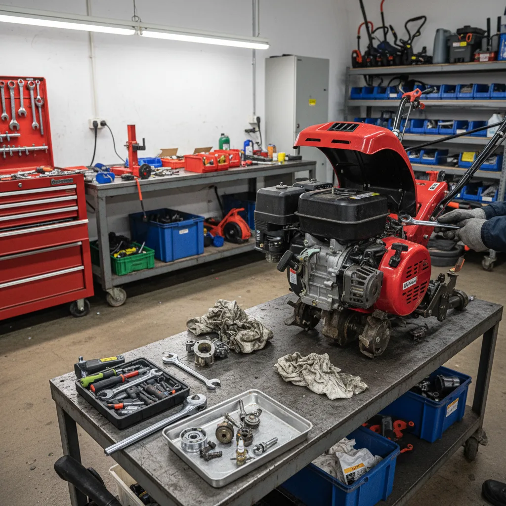 Rotary tiller undergoing mechanical overhaul in workshop