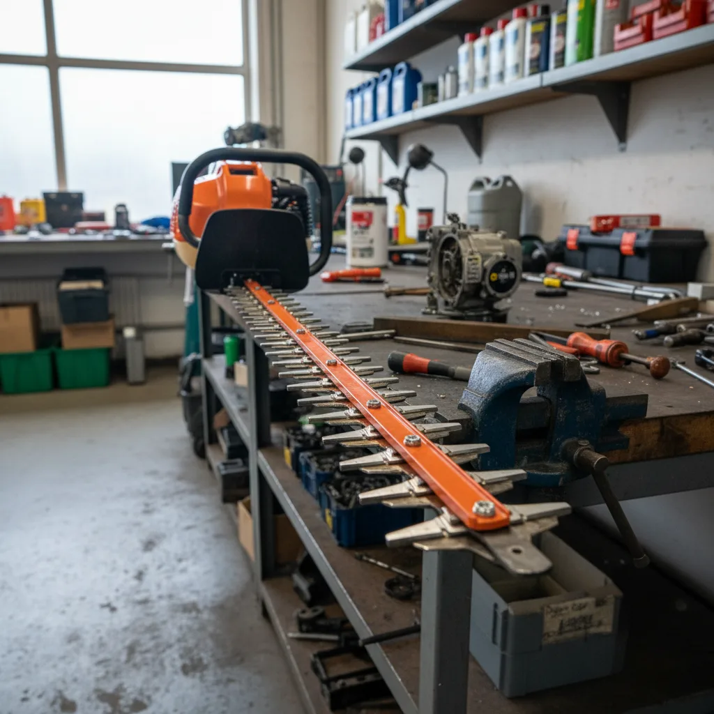 Gas hedge trimmer with sharpened blades in workshop