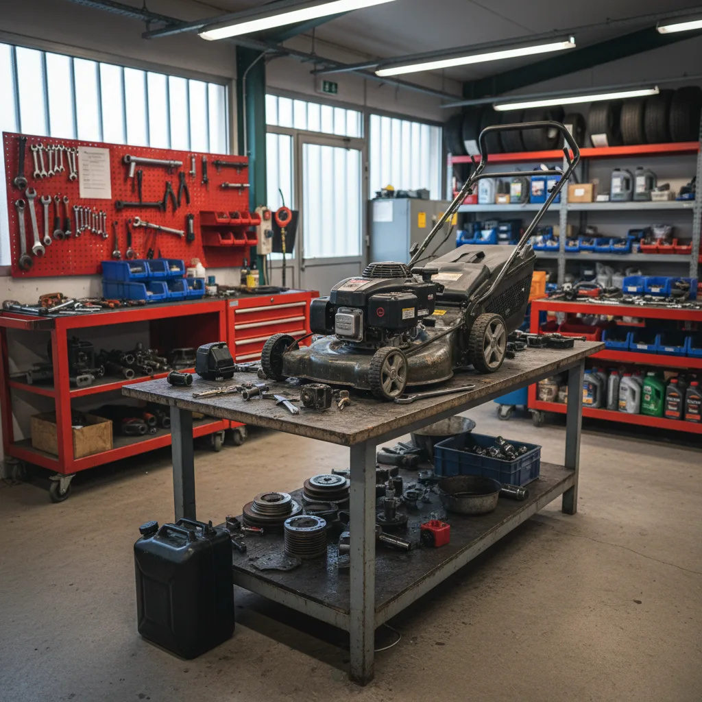 Gas lawn mower being repaired in workshop in Suris