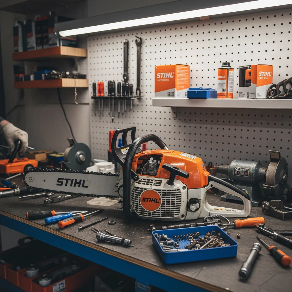 Stihl chainsaw being repaired on a professional workbench